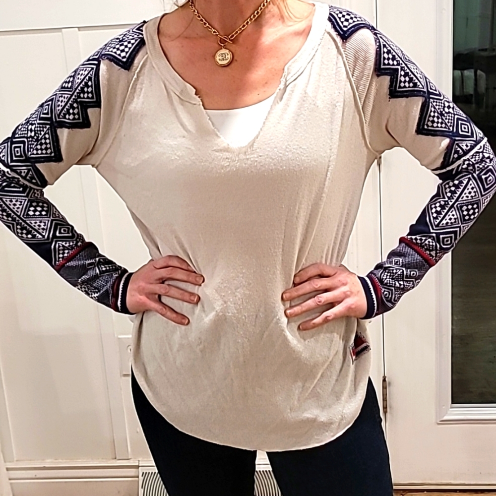 Free People Cream Sweater with Navy Patterned Sleeves